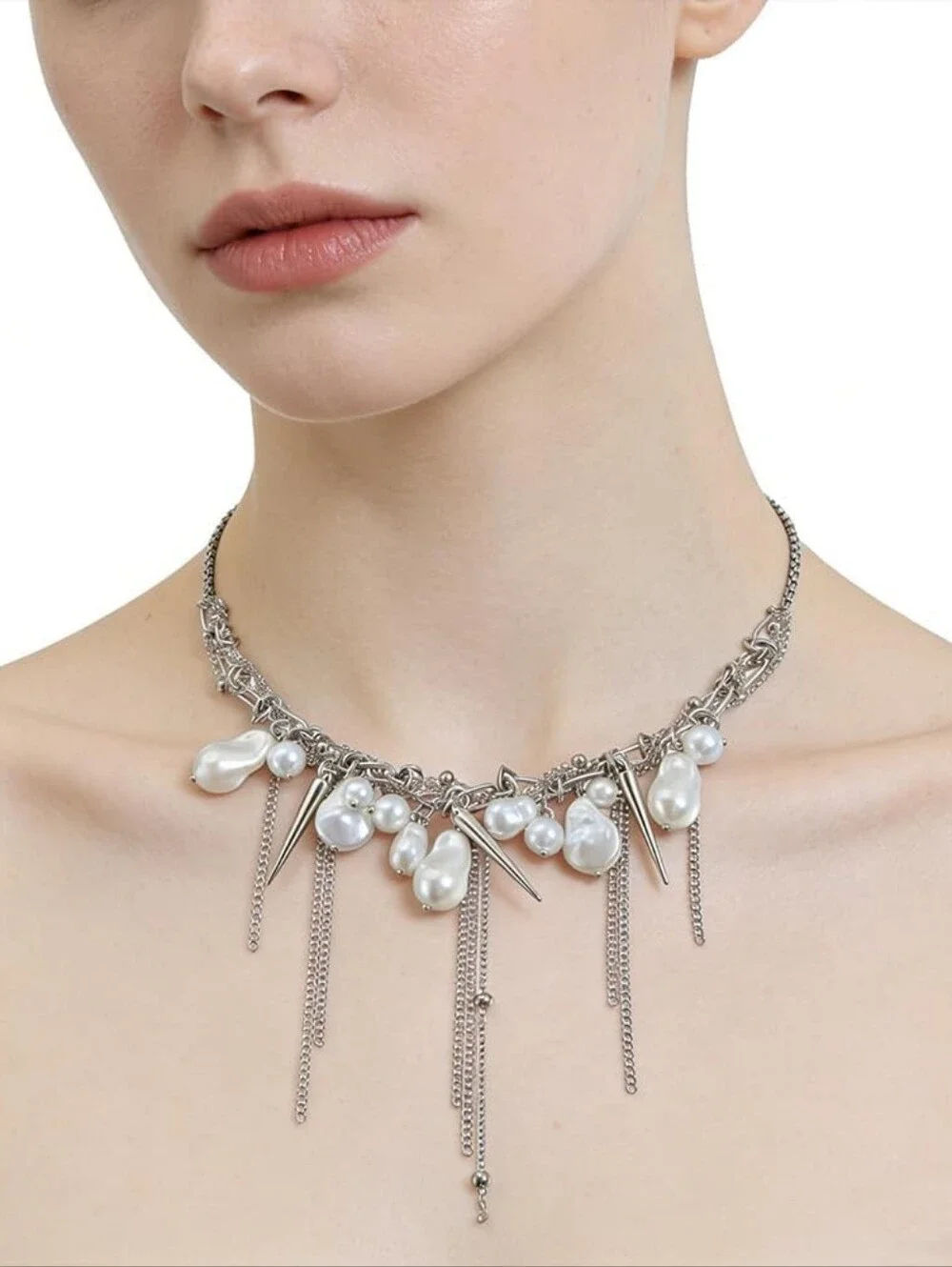 Goth Chunky Silver Pearl Necklace Spike Choker - Picture 3 of 3
